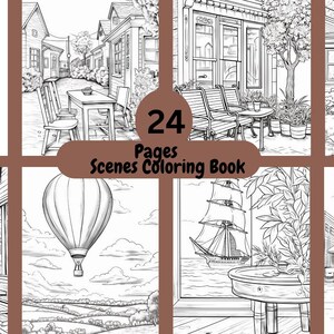 Scenes Coloring Book for Adults, Stress Relief Coloring Book, Relaxing Hobby, Gift Idea, Creative Art Therapy