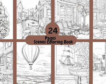 May include: A black and white coloring book with 24 pages of scenes to color. The cover features a variety of scenes, including a house with flowers, a street with shops, a hot air balloon, a sailboat, and a cafe.