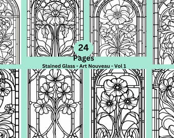 Stained Glass Art Nouveau Pattern Adult Coloring Pages