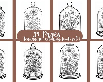 May include: A coloring book with 29 pages of black and white illustrations of terrariums. Each page features a different terrarium design with various plants and flowers.
