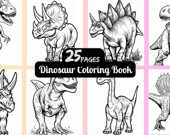 May include: A black and white coloring book featuring various dinosaurs, including a Tyrannosaurus Rex, Triceratops, Stegosaurus, and a Brachiosaurus. The cover of the book says "25 Pages Dinosaur Coloring Book".