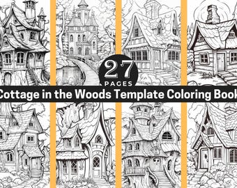 May include: A coloring book with 27 pages featuring black and white illustrations of cottages in the woods. The title of the book is "Cottage in the Woods Template Coloring Book".
