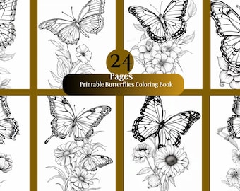May include: A coloring book with 24 pages featuring black and white illustrations of butterflies with floral designs.  Printable Butterflies Coloring Book.