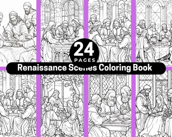 Puede incluir: Un libro para colorear en blanco y negro con 24 páginas que representan escenas del Renacimiento. La portada muestra a un grupo de personas reunidas alrededor de una mesa, con un título que dice "Renaissance Scenes Coloring Book".