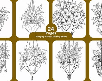 May include: A coloring book featuring 24 pages of black and white illustrations of hanging plants in geometric pots. The book is titled "Hanging Plants Coloring Books".