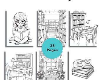 May include: Black and white coloring book with 25 pages featuring illustrations of a bookstore. The cover shows a girl sitting on a stack of books and reading a book. The illustrations include a bookstore interior, a desk with a lamp and a chair, and a stack of books with glasses on top.