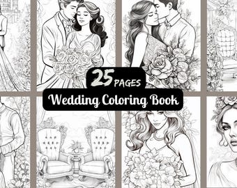 May include: A coloring book with 25 pages featuring black and white illustrations of wedding scenes. The cover shows a couple getting married, a bride with a bouquet of flowers, and a pair of ornate chairs.