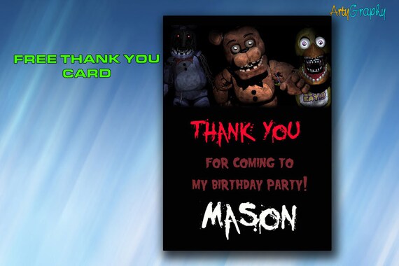 Editable Five Nights at Freddy's Invitation Free Thank You Card