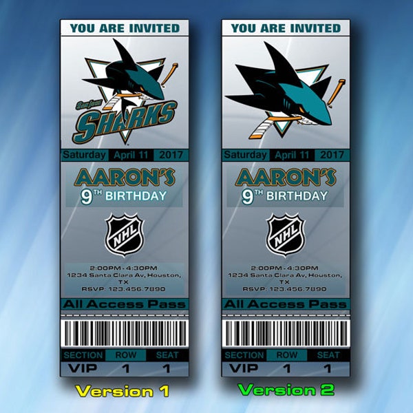 San Jose Sharks Invitation, San Jose Sharks Birthday Invite, Ticket, Tickets, Digital Item, Printable, Invitations, Party Invites