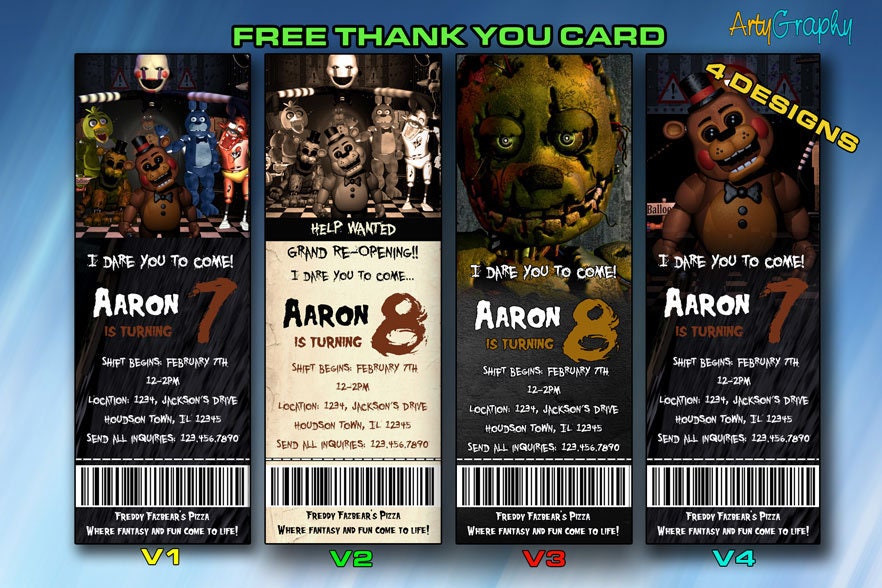 Editable Five Nights at Freddy's Invitation Free Thank You Card