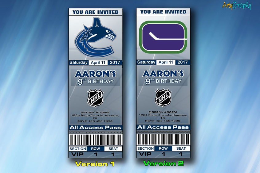 Vancouver Canucks Invitation, Vancouver Canucks Birthday Invite, Ticket