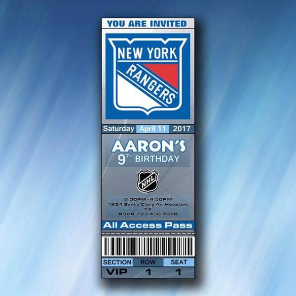 NY Rangers Invitation, NY Rangers Birthday Invite, Ticket, Tickets, Digital Item, Printable, Invitations, Party Invites