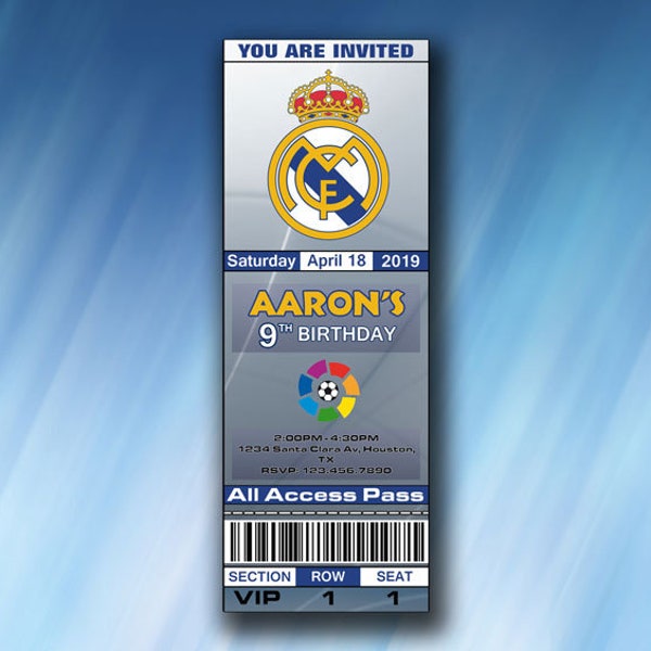 Real Madrid Invitation, Real Madrid Birthday Invite, Ticket, Tickets, Digital Item, Printable, Invitations, Party Invites