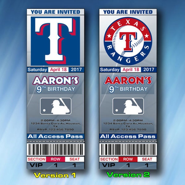 Texas Rangers Invitation, Texas Rangers Birthday Invite, Ticket, Tickets, Digital Item, Printable, Invitations, Party Invites