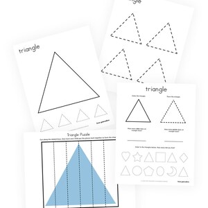 May include: A printable worksheet for kids to learn about triangles. The worksheet includes a triangle puzzle, tracing activities, and counting the sides of a triangle. The worksheet also includes a section to color in triangles.