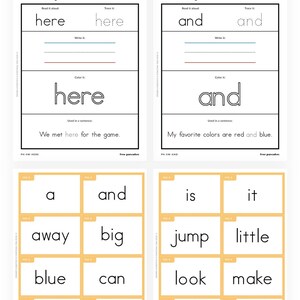 May include: Sight word practice worksheet with the words 'here', 'and', 'a', 'away', 'blue', 'come', 'down', 'big', 'can', 'jump', 'look', 'make', 'is', 'it', 'little', 'me', 'my'.