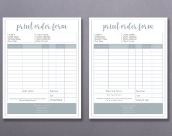 May include: Two print order forms side by side. Each form has a light gray header with the text "print order form". The forms include fields for order details, client information, and product descriptions.