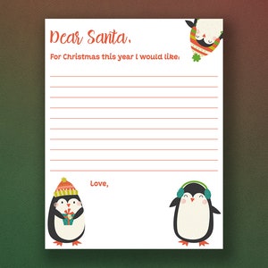 Carta a Papá Noel / Carta a Papá Noel / Papelería de pingüino / Lista de deseos navideños / Papelería navideña / Carta navideña / Pingüino navideño