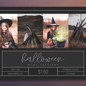 May include: A black and white flyer advertising Halloween mini sessions. The flyer features three images of a child dressed as a witch in a woodland setting. The text on the flyer reads "halloween mini sessions" and includes pricing and session details.
