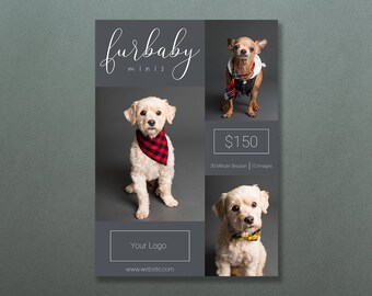 May include: A promotional poster for "furbaby minis" featuring three dogs. The poster has a gray background with the business name in elegant script. The dogs are wearing accessories like bandanas and bow ties. The poster also includes a logo placeholder and website address.
