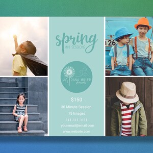 May include: A promotional graphic for spring mini sessions by Dana Miller Photography. The design features children in various poses, with the text "spring mini sessions" and contact information. The background has a gradient of blue and green.