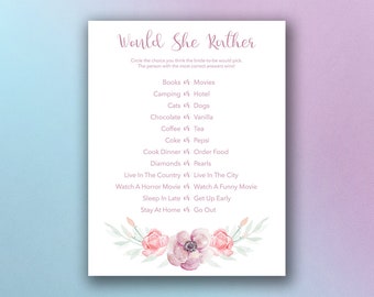 Bridal Shower Would She Rather Game | Printable Bridal Shower Game | Bridal Shower Printable | Bridal Shower Game | Would She Rather Game