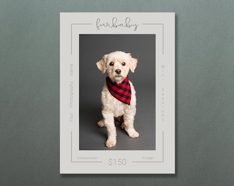 May include: A promotional card for "furbaby" photography featuring a small, light-colored dog wearing a red and black plaid bandana. The card has a gray border and includes text for "Your Photography Name" and "Mini Sessions".