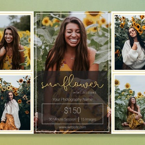May include: A promotional graphic for a photography mini-session. The central image features a woman in a sunflower field. The text reads "sunflower mini sessions" and includes pricing and session details. The background is a gradient of green.