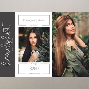 May include: A promotional graphic for a photography service. The design features two portrait photos of a woman, a dark gray vertical panel with the word "Headshot" in cursive, and text boxes with service details.