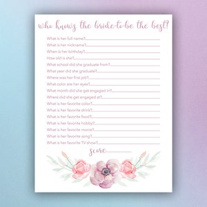 Bridal Shower Who Knows The Bride-To-Be The Best Game | Printable Bridal Shower Game | Bridal Shower Printable | Bridal Shower Game | Game
