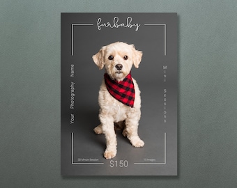 May include: A promotional poster for pet photography features a small, light-colored dog wearing a red and black plaid bandana. The poster has the text "furbaby" in script and includes space for a photography name, and details about mini sessions.
