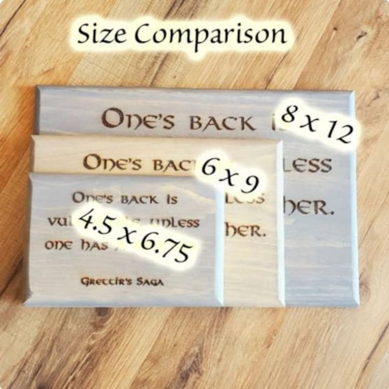 Puede incluir: Tres letreros de madera de diferentes tama&ntilde;os y con texto. El letrero m&aacute;s grande es de 8 x 12 pulgadas y dice "One's back is less vulnerable unless one has a good friend." El letrero del medio es de 6 x 9 pulgadas y dice "One's back is less vulnerable unless one has a good friend." El letrero m&aacute;s peque&ntilde;o es de 4,5 x 6,75 pulgadas y dice "One's back is less vulnerable unless one has a good friend." Los tres letreros tienen una mancha gris claro.