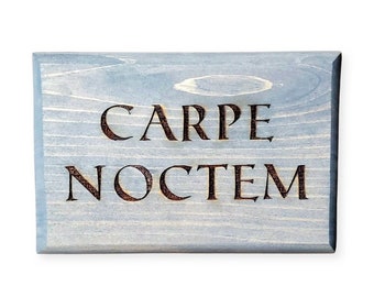 Puede incluir: Un letrero de madera azul claro con la frase latina "Carpe Noctem" grabada en negro.