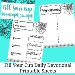 May include: Printable devotional journal pages with a black and white floral design. The pages include sections for "Today's Scripture", "Observation", "Application", "Kneel in Prayer", and "Prayer Requests".