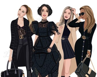 May include: Four women wearing stylish outfits in black, white, and brown. They are all wearing different styles of clothing, including a black dress with polka dots, a black skirt and a beige coat, a black dress with a button-up front, and a black and white plaid jacket. They are all accessorized with black handbags and shoes.