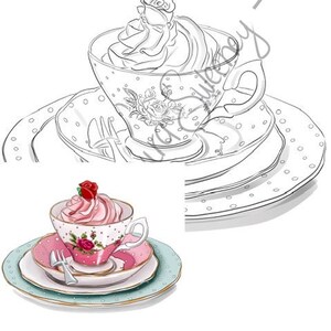 Può includere: Un disegno in bianco e nero di una tazza da tè e un piattino con un vortice di panna montata in cima. La tazza da tè ha un motivo floreale e si trova su un piattino con un motivo a pois.