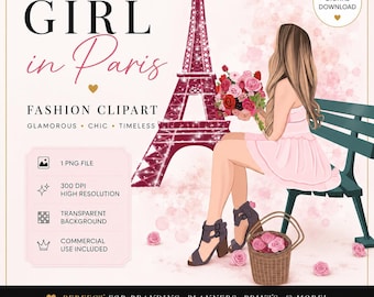Paris Girl Clipart | Romantic Eiffel Tower Illustration | Paris Fashion Download | Feminine Parisian Art Instant Digital Download