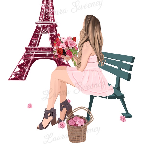Girl in Paris Clipart, Eiffel Tower Clipart, Romantic Paris Clipart, PNG File Instant Digital Download