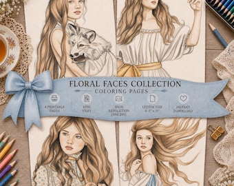 Dibujos para colorear de chicas caprichosas, fantasía femenina, estilo cottagecore y cuento de hadas, paquete de dibujos para colorear para adultos - Descarga instantánea imprimible