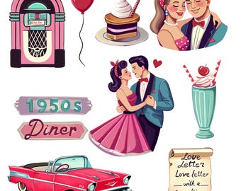 50s Theme Clipart | Retro Diner Aesthetic | Romantic 1950s PNG Set | Digital Instant Download