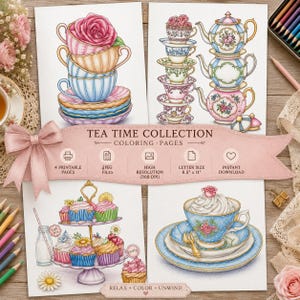 Może przedstawiać: Kolekcja czterech kolorowanek do druku z filiżankami, imbrykami i babeczkami. Projekty obejmują wzory kwiatowe i pastelowe kolory. Widoczny jest tekst "TEA TIME COLLECTION" i "RELAX COLOR UNWIND".