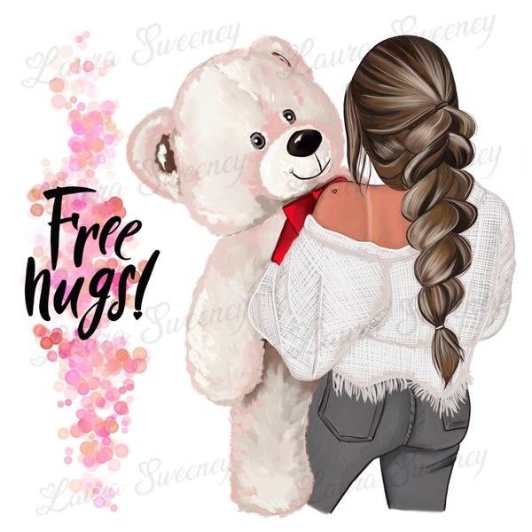 Cute Girl with Teddy Bear Clipart, Teddy Bear Clipart, Plush Teddy Clipart, Free Hugs, PNG instant Digital Download