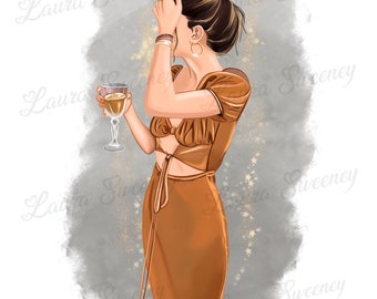 Girl fashion clipart, Drinking Wine Girl, Glam Fashion, Golden Dress, Wine Glass, PNG Instant Digital Download