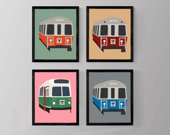 Boston Trains Art, Subway Painting Art, The T, Green Line, Orange Line, Blue Line, Red Line, MBTA painting, Instant Digital Download