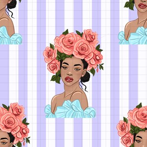 Puede incluir: Patrón repetitivo de una mujer adornada con una corona de rosas rosas y un top azul claro con hombros descubiertos. El fondo tiene una cuadrícula de rayas verticales blancas y moradas claras. La mujer tiene cabello oscuro y piel morena.