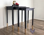 Three Nesting Tables, Hand Painted, Custom Navy Color, Gilded Gold Raised Stencil, Gilded Gold Feet