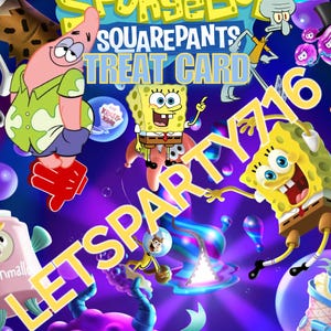 Modelo de cartão de guloseimas dobrado do Bob Esponja para cartão de feriado/aniversário faça você mesmo. 4 imagens para frente, verso e meio
