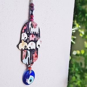 Pintura de elefante sobre madera Hamsa y colgante de pared de mal de ojo con opción de regalo de Navidad Carta escrita a mano, decoración de pared Hamsa,