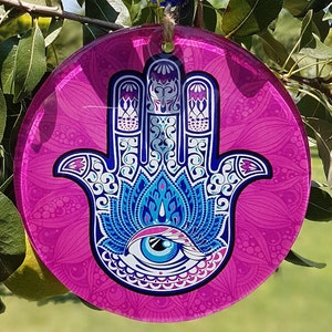 Hamsa Wall Art, Mothers Day Gift, Hand of Fatima Printed Glass Wall Hanging, Oriental Protection, Wall Decor Boho, Evil Eye Wall Hanging