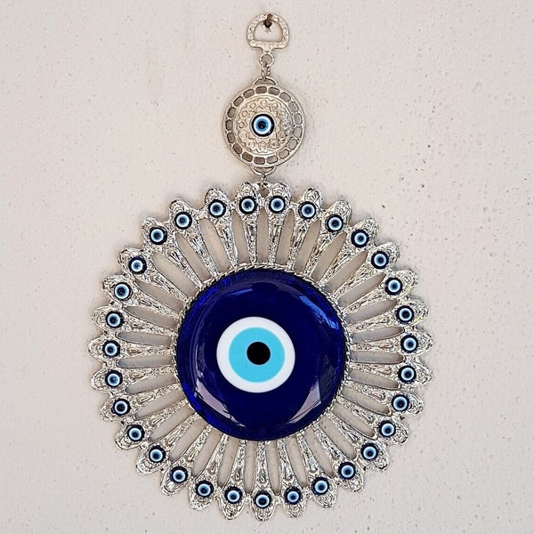 Böse Augen Wanddekoration mit 33 Perlen, versilbert, Griechisches Auge, Türkisch, Amulett, Schutz, Blaues Auge, Orientalische Wohnkultur
